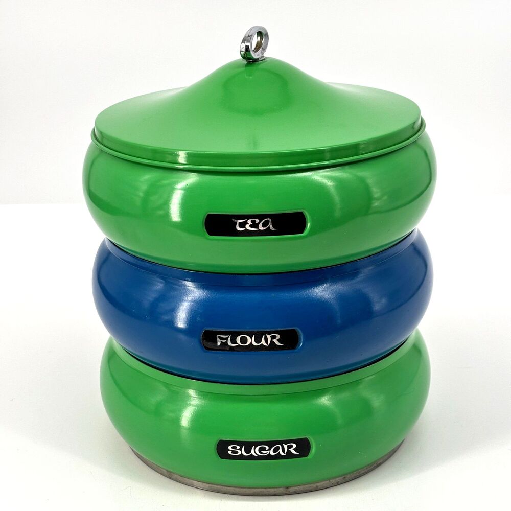 MCM Lincoln Beautyware Pagoda Blue/Green Stacking Metal Canisters 11.5x9.5" VTG